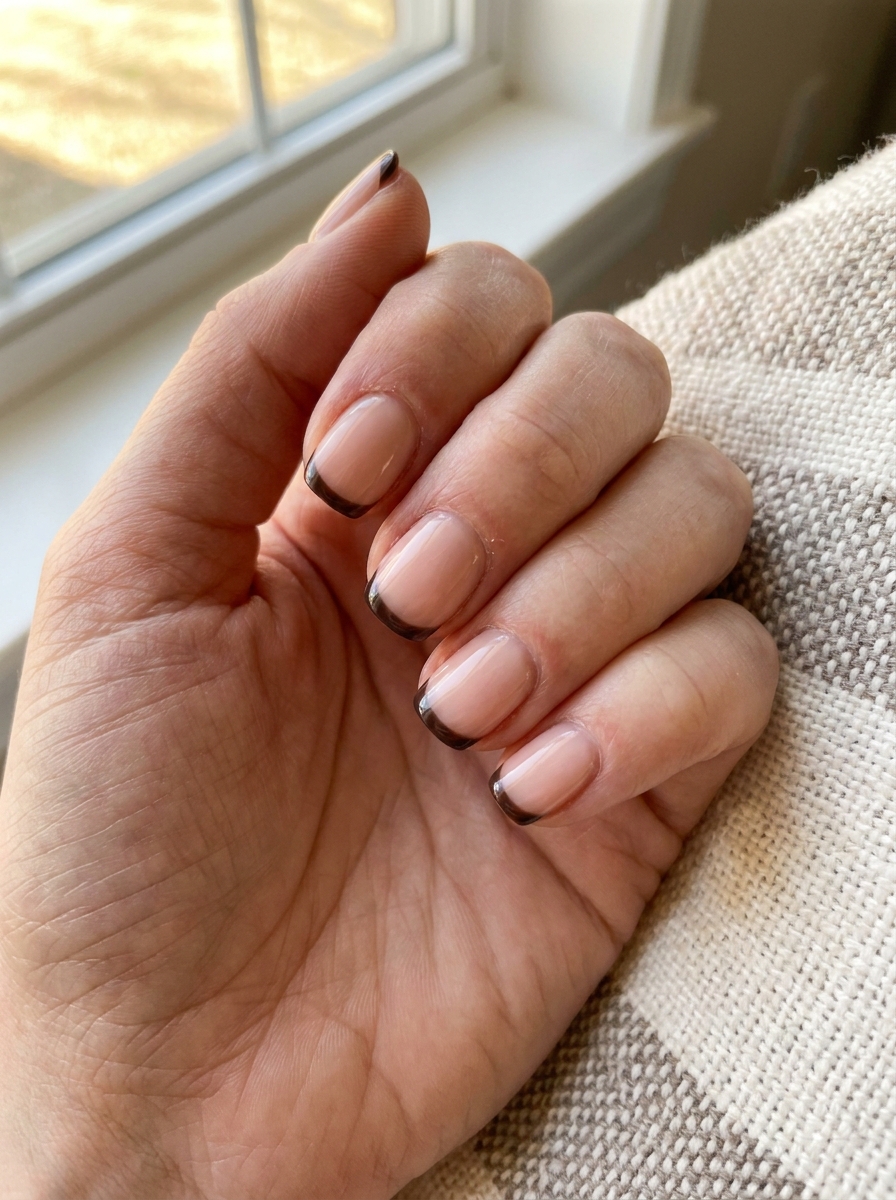 Short Espresso French Tips auf kurzen gepflegten Nägeln im Herbst 2026